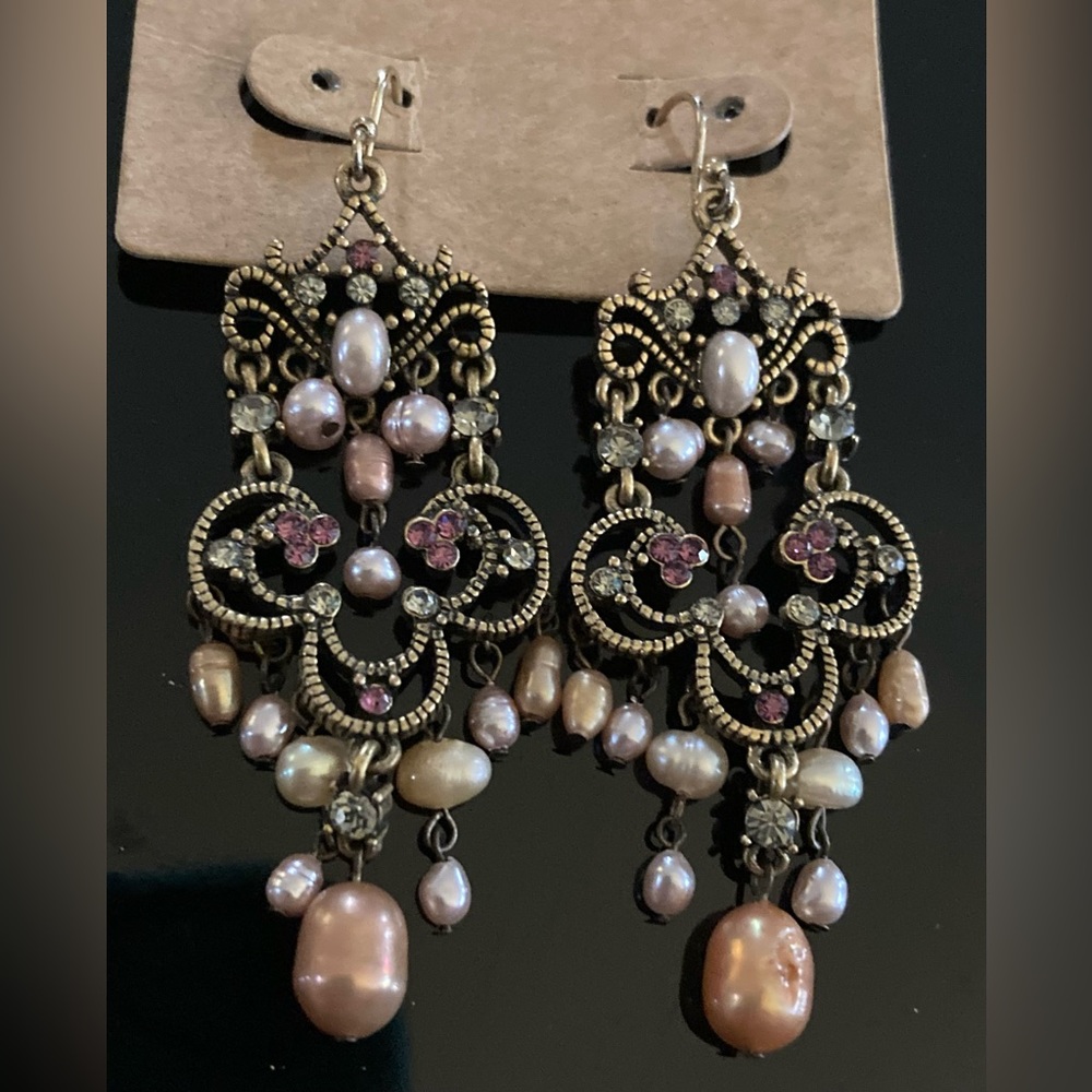 LAUREN CONRAD Signed Dangling Crystal & Faux Pearl Chandelier Earrings